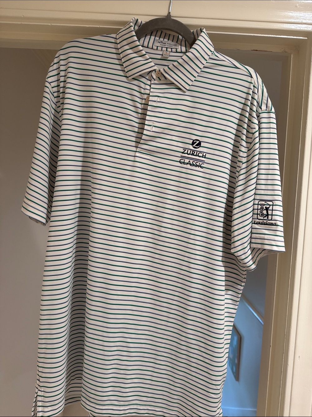 Peter Millar White Polo with Green & Navy Stripes